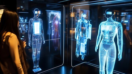 Poster - A high-tech fashion boutique showcasing augmented reality fitting rooms and smart fabrics 