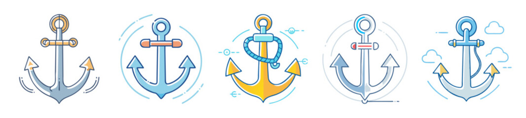 Poster - Collection of five stylized anchor icons with unique designs and color schemes