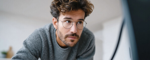 Poster - Focused man wearing glasses intently looking at a screen. Represents concentration, remote work, learning, technology, and modern lifestyle. Could be used for various online content.