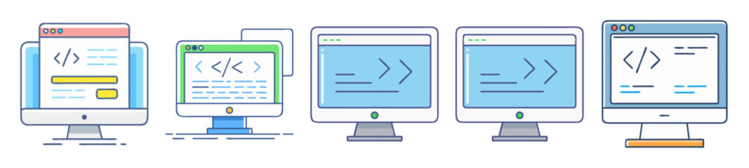 Fototapete - Various computer screens displaying different types of code and information visuals
