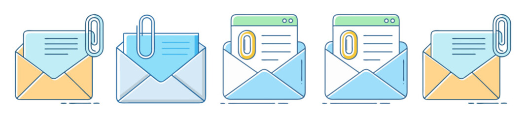 Poster - Assortment of flat vector style email icons with paperclip attachments