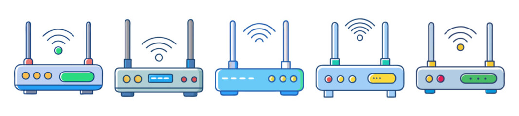 Poster - Collection of Five Colorful Wireless Routers with Antennas and Wifi Symbols