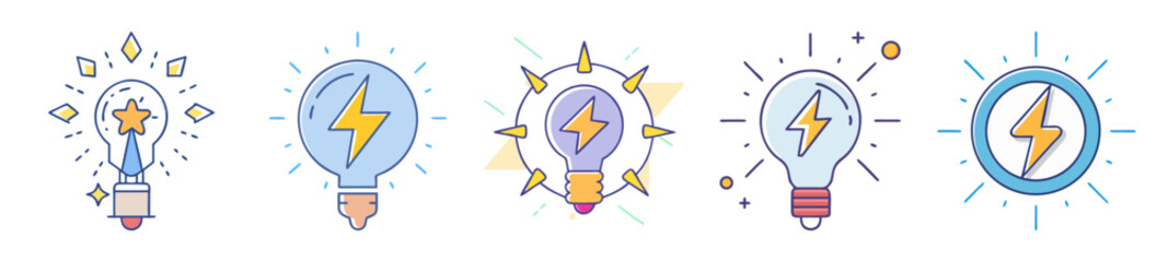 Aufkleber - collection of light bulb icons with lightning bolt and other creativity symbols
