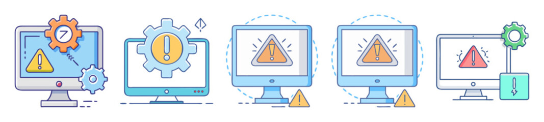 Fototapete - Various stylized desktop computer illustrations each displaying an error warning message
