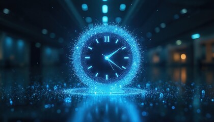 Aufkleber - Surreal digital clock melts into glowing data stream. Symbolizes rapid modern life, fast-paced acceleration of time against futuristic backdrop. Dynamic concept, visionary image for tech.