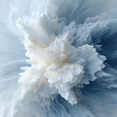 Poster - Abstract fluid art featuring a dynamic, layered explosion of white and light blue textures, accented with golden particles. Evokes growth, energy, and ethereal beauty. Ideal for backgrounds.