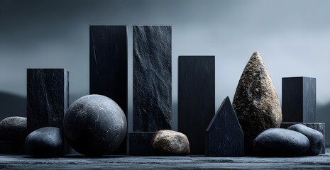 Poster - Black geometric Stone and Rock shape background, minimalist mockup for podium display or showcase, 3d rendering.
