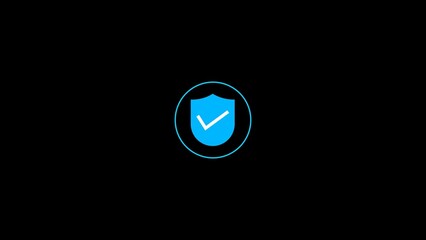 Poster - Modern digital verification concept showing a shield with a checkmark inside a circle in a minimal flat design on a black background