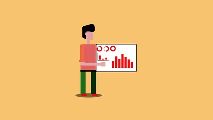 Poster - A stylized illustration features a person holding a chart or graph displaying data visualization elements with red and white color accents for business or finance reports.