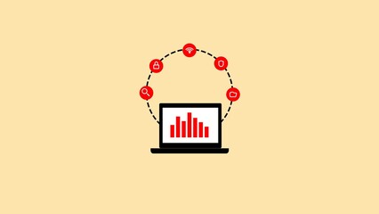 Fototapete - Conceptual illustration of a laptop displaying data and digital security icons related to data analysis and online protection within a network