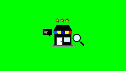 Poster - Online shop search concept showing a store building with a shopping cart, magnifying glass, and three stars to represent product quality and a perfect online experience
