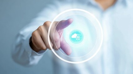 Poster - Cloud Computing Technology: A person's finger elegantly interacts with a glowing, futuristic user interface, symbolizing seamless cloud computing. Focus on connection and tech.