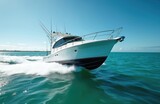 High-end sport fishing boat speeds across turquoise water. Luxury yacht, motor vessel at speed in the ocean. Miami, Florida, cruising under blue sky, marine background, nautical recreation.