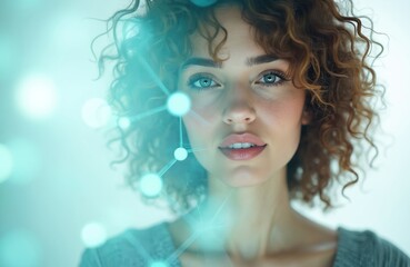 Aufkleber - Portrait of young woman with curly hair, superimposed with network graphic. Digital connection tech concept. Beautiful face, light skin. Innovation, AI, cyberspace, communication.