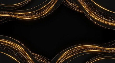 Poster - Elegant Golden Waves on Black Background - Abstract featuring elegant gold waves with sparkling particles on a black background, ideal for luxury branding or celebratory designs