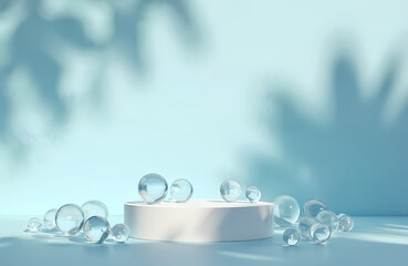 Aufkleber - White podium stage with transparent glass balls against blue background. Minimal product showcase scene display cosmetics beauty products. Hard sunlight casting shadows, aesthetic product