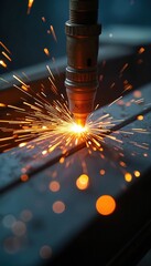 Poster - Intense industrial metalworking process, laser cutting sparks, bright orange color. Modern technology, precise fabrication in metal construction industry. High power energy with fire, heat, steel in