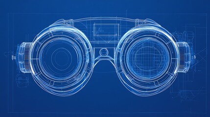 Poster - A blueprint of a high-tech VR headset with optic lenses, facial sensors, and padding structure 