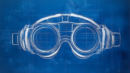 Poster - A blueprint of a high-tech VR headset with optic lenses, facial sensors, and padding structure 