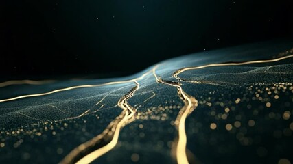 Poster - Golden Network Landscape: Golden glowing lines create a network landscape on a dark blue gradient background. A unique and elegant design for various creative projects.
