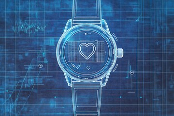 Aufkleber - A blueprint of a hybrid smartwatch showing analog hands, heart monitor sensor, and chipsets 