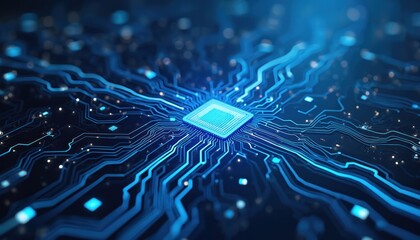Aufkleber - Abstract circuit board illustration, tech design. Blue lines, glowing elements. Digital data processing, computing, AI, machine learning, modern tech, data transfer, future tech.