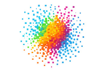 Poster - Pixelated squares bursting dynamically, spreading colorful geometric shapes across transparent backdrop