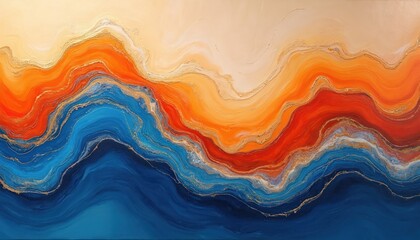 Poster - Abstract art painting on canvas. Dynamic wave pattern in vibrant orange, blue colors. Modern artwork, home decor. Colorful fluid texture, artistic expression.