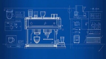Aufkleber - A blueprint of a smart coffee machine including water pump diagram, heating coil, and control panel 