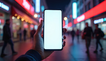 Leinwandbilder - Hand holding blank smartphone screen, night urban city street background. Mobile device with empty display against blurred neon city lights. Perfect for mockup, advertising, or app promotion.