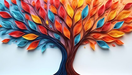 Poster - Colorful abstract tree artwork features droplet-shaped leaves against white background. Modern design uses vibrant colors, creating decorative, unique, eye-catching visual. Ideal for wall decor, art