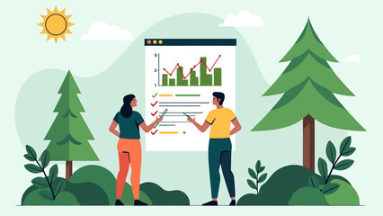 Poster - Two People Presenting Data Analysis with Charts and Graphs Outdoors.