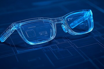 Poster - A blueprint of a smart glasses concept showing lens display, earpiece functions, and battery 