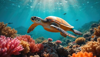 Aufkleber - Sea turtle swims over vibrant coral reef. Sunlight penetrates ocean. Marine animal, underwater wildlife, tropical ecosystem. Ocean exploration, scuba diving, underwater photography, marine life.