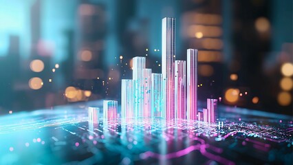 Poster - A futuristic cityscape with glowing neon charts representing data growth. The scene is bathed in soft blues and purples, creating a modern, technological feel