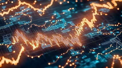 Poster - Stock market data visualized as a dynamic, glowing graph. The image features vibrant orange and blue hues, showcasing complex data patterns