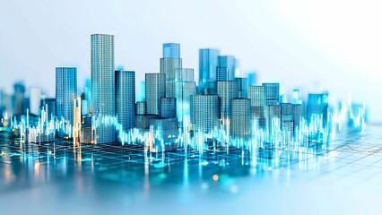 Poster - A modern and abstract depiction of a cityscape, rendered in a futuristic, digital style, where a vibrant cityscape is illuminated with bright lights