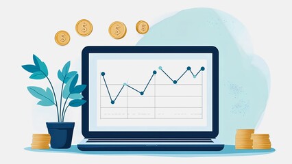 Poster - Laptop displaying a positive growth graph with coins and a plant beside it.