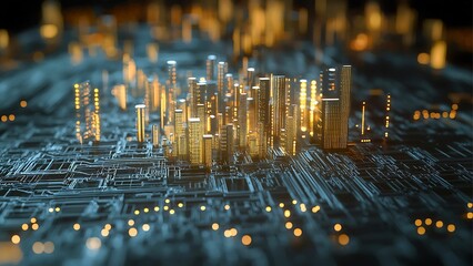 Poster - A digital city with an intricate network of lights and structures, representing innovation and technology