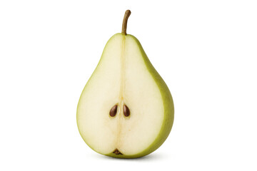 Fototapete - Green pear cut in half, revealing seeds and stem, resting on a transparent background, highlighting its fresh and juicy nature