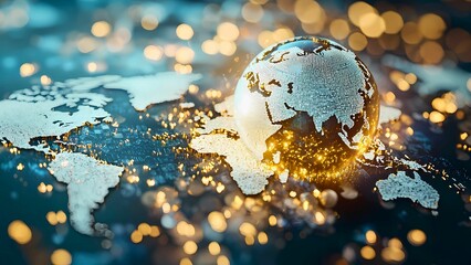 Poster - A Globe of world with illuminating around it and map background. A digital representation of the globe and connected network. Representing global connectivity and data flow