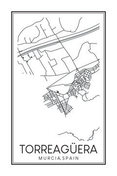 Hand drawn printable downtown road map poster of district TORREAGÜERA of the Spanish city of MURCIA on solid white background with city name