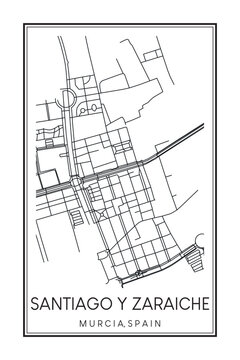 Hand drawn printable downtown road map poster of district SANTIAGO Y ZARAICHE of the Spanish city of MURCIA on solid white background with city name