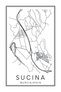 Hand drawn printable downtown road map poster of district SUCINA of the Spanish city of MURCIA on solid white background with city name