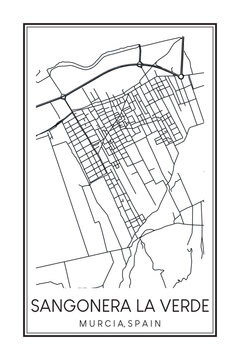 Hand drawn printable downtown road map poster of district SANGONERA LA VERDE of the Spanish city of MURCIA on solid white background with city name