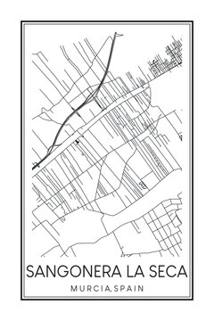 Hand drawn printable downtown road map poster of district SANGONERA LA SECA of the Spanish city of MURCIA on solid white background with city name