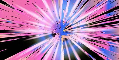 Aufkleber - Bright digital vector illustration, featuring a neon pink central star with blue radial streaks on a black background. Uses popular vivid sci-fi and cyberpunk color trends, with sharp bursting lines.