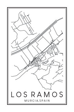 Hand drawn printable downtown road map poster of district LOS RAMOS of the Spanish city of MURCIA on solid white background with city name