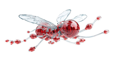 Poster - red nanobot designed as a flying insect with transparent wings, is depicted on a transparent backgro
