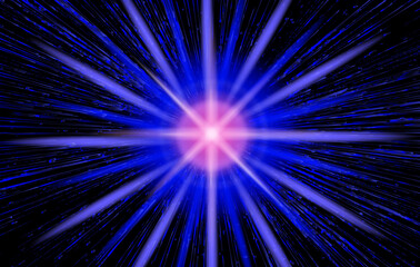Aufkleber - Bright digital vector illustration, featuring a neon pink central star with blue radial streaks on a black background. Uses popular vivid sci-fi and cyberpunk color trends, with sharp bursting lines.